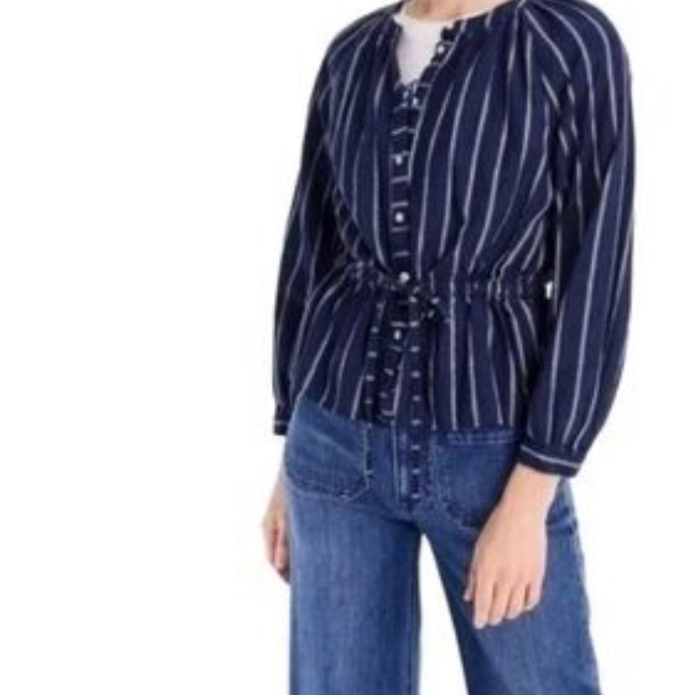 J. Crew Linen Tie Waist Long Sleeve Top Indigo Gauze Stripe SZ 8. Coastal
